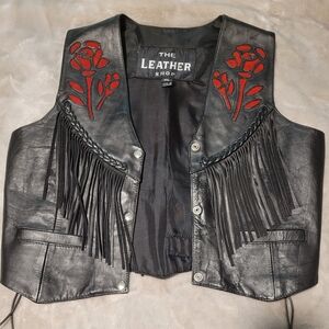 Women's Black Leather Vest with Red Accents